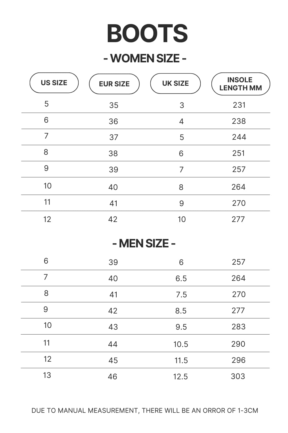 Boots Size Chart - Chainsaw Man Gifts
