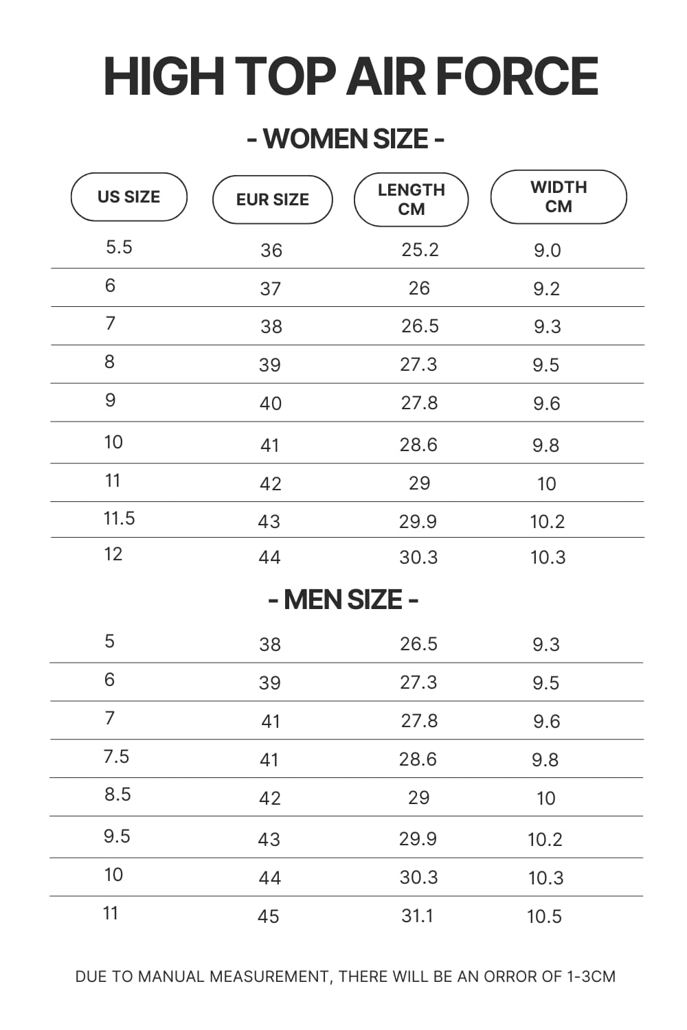 High Top Air Force Shoes Size Chart - Chainsaw Man Gifts