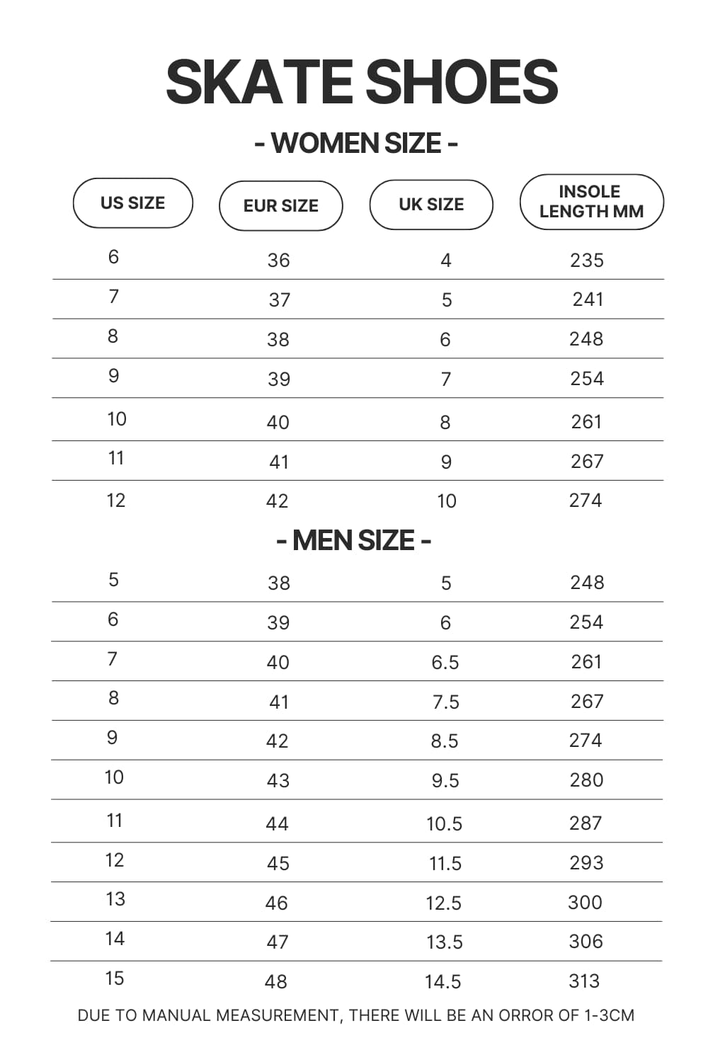 Skate Shoes Size Chart - Chainsaw Man Gifts