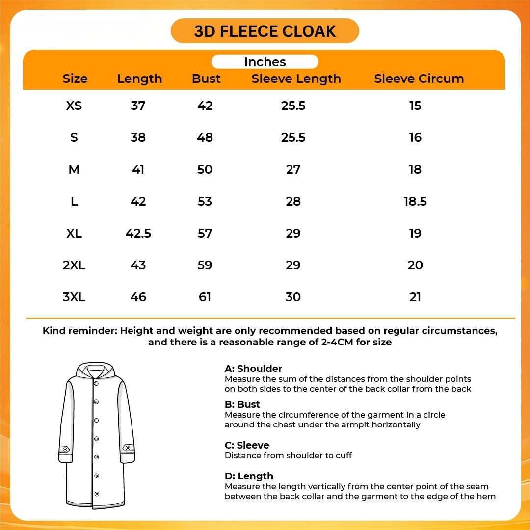3D Fleece Cloak Size Chart - Chainsaw Man Gifts